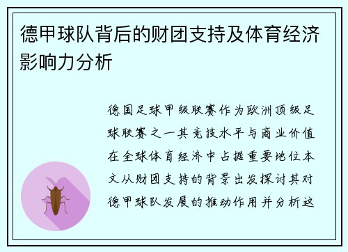 德甲球队背后的财团支持及体育经济影响力分析