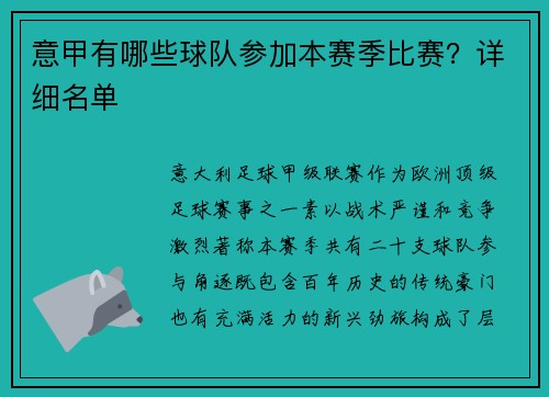 意甲有哪些球队参加本赛季比赛？详细名单